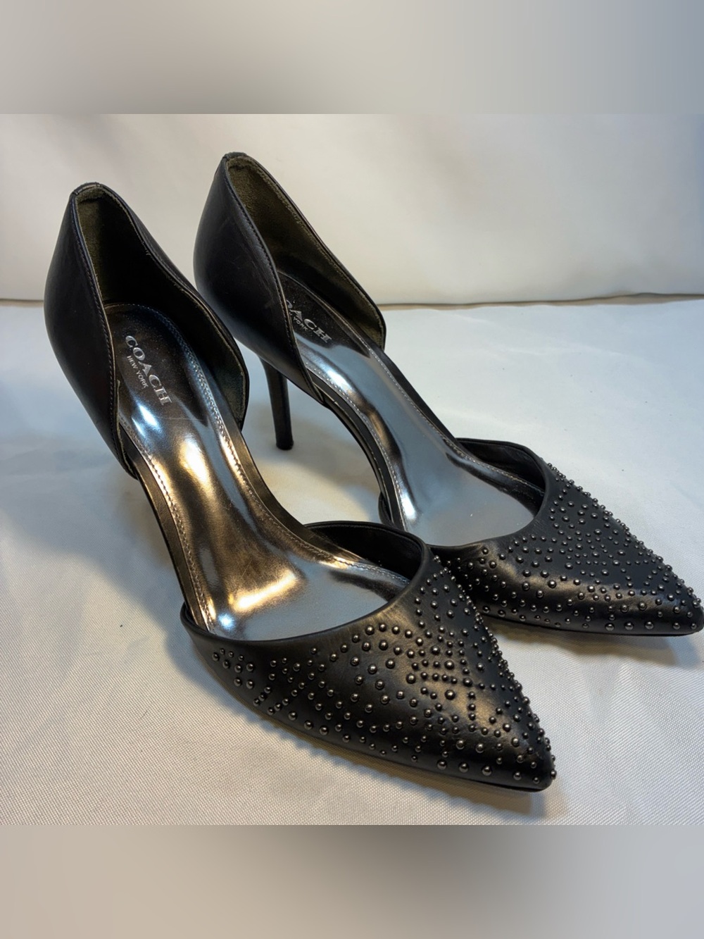 COACH Channing Black Leather Studded D'Orsay Pumps Heels Pointed Toe Women's 10B